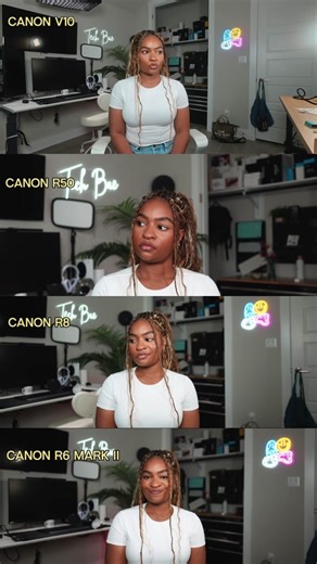 📸 Put all my @canonusa cams up against each other: I set the settings on all of them (aside from the v10) to 1/60 | ISO -100 | F-Stop 1.8 the the V10 is a small vlogging camera with a standard 20mm lens but for the other 3 I used the same canon lens (24mm 1.8) so we could do a real comparison. The r50 quality still to this day impresses me for the cost but the R6 MarkII is my fave across the board for obvious reasons, as it should be based on the dang price! Lol Canon v10 - $429 [small, hand he
