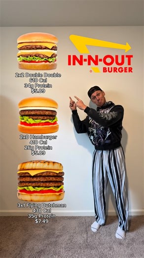 Franklin Correia on Instagram: "@menufit.app Lets get crazy! #fyp #weightloss #foryou #weightlosstransformation #motivation #overweight #gym #diet. In-n-out 1: 2x2 Double Double (610 cal 34g $5.89) 2: 2x0 Double hamburger with no cheese, with mustard & ketchup instead of spread (410 cal 26g $5.89) 3: 3x1 Flying Dutchman (replace bun with fried onions) Triple cheese burger, with mustard & ketchup instead of spread (430 cal 35g protein $7.49) McDonalds 1: Big Mac (580 cal 25g $7.16) 2: Double McGa