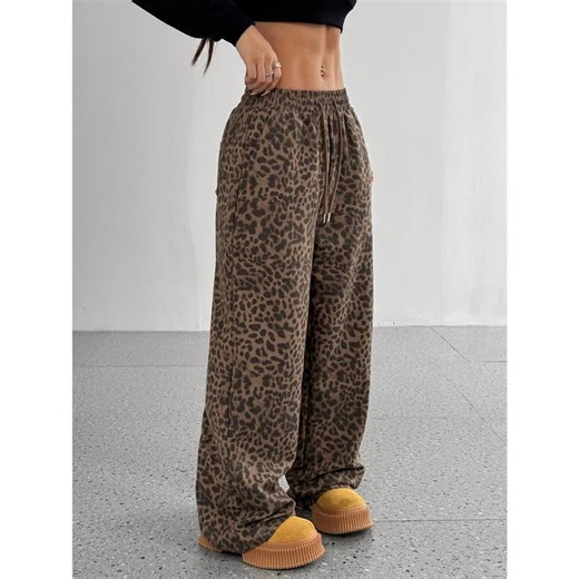 Chic Leopard Print Drawstring Straight-Leg Pants for Women - Casual, Non-Stretch Polyester Blend, Machine Washable - Perfect for Spring/Summer/Fall