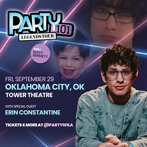 The Party101 Legends Tour w/ DJ Matt Bennett (Robbie Shapiro in Nickelodeon's Victorious) & Erin Constantine is almost here!  Sing along to the songs of your childhood like Big Time Rush, Camp Rock, iCarly, Hannah Montana, Victorious, and much more - this Friday, September 29!   towertheatreokc.com | Tower Theatre OKC | Facebook