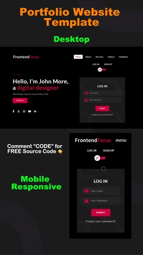 Sandesh Singh on Instagram: "Create a modern portfolio website using HTML & CSS only 🚀 No JavaScript. No frameworks. Just clean UI. 🔹 Responsive design 🔹 CSS-only animations 🔹 3D Login & Signup form 🔹 Modern dark theme 💬 Comment “CODE” to get the FREE source code. #htmlcss #webdeveloper #frontenddeveloper #portfoliowebsiteb#freesourcecode #cssdesign #uidesign #webdesign #codingreels #developerlife"