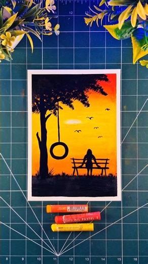 Beautiful Sunset Silhouette Scenery | Oil Pastels Drawing Step by Step | Easy Art Tutorial #shorts