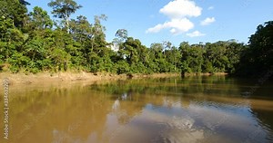 Speeding around a bend in the Rio Tiputini, the Ecuadorian Amazon, the river runs through pristine primary rainforest bordering Yasuni National Park