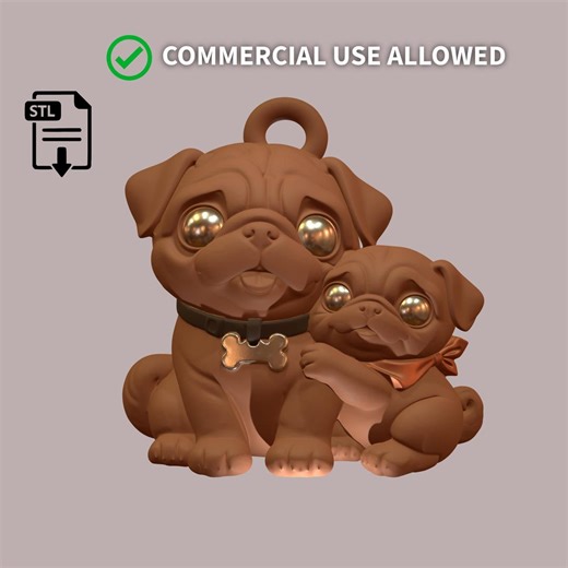 Pug Mom & Puppy Keychain STL File | Chibi 3D Print - Etsy