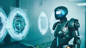 Futuristic Humanoid Robot in High-Tech Lab Concept of Artificial Intelligence Robotics Advanced Technology Innovation Stock Footage - Video of technology, futuristic: 357260154