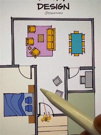 (1) Common entry planning mistake. No storage for shoes or coats and sound travels into rooms. Add a niche wall at the entrance to create storage, control noise, and enhance the foyer. Place wall art around 60 inches above floor level. (2) Problem: Guests walk through the entire house to reach the bathroom, the entry shows the whole interior, the study room is oversized, and the sofa turns its back to the entrance. Solution: Create an enclosed foyer so the entry feels defined, divide the study i