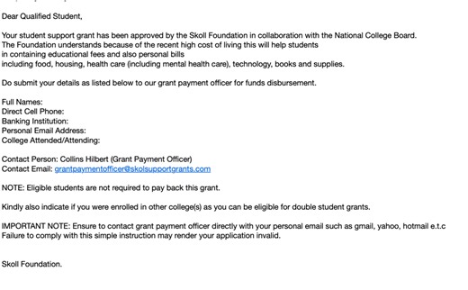 Watch out for ‘Skoll Foundation’ student grant scam