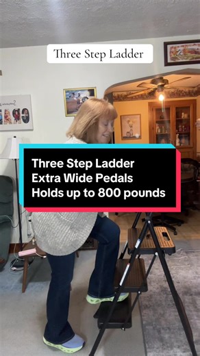 Three step ladder . Extra wide pedals that lock in place . Holds up to 800 pounds. Folds up for storage padding on handle and feet #stepladder #ladder #homesafety #fallprevention #diyprojects