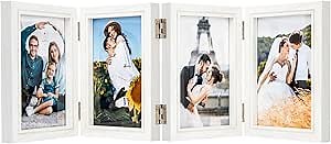 4x6 Four Picture Frame 4 Hinged Photo Frame with 4 Openings, Natural Wood Foldable Photo Frame with High Definition Acrylic for Birthday Father's Day Christmas Gift, Rustic Desk Family Picture Collage, White