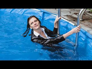 WETLOOK! STYLISH MARY LOOKS COOL IN WET OFFICEWEAR AT THE OUTDOOR POOL [WETLOOKER ID: b54-mary4]