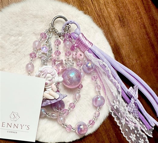 Purple Skul Pan Da Mini Figurine Keychain: Girl With Fancy Purple Bead Chain Bag Charm, Phone Strap, Lace Rope - Etsy