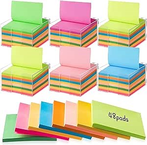 Colarr 48 Pads 3 x 3 Sticky Notes with Square Sticky Notes Holder 6 Pcs, Office Self Stick Notes Bright Stickies Colorful Memo Pads Strong Adhesive Pads, 50 Sheets Per Pad