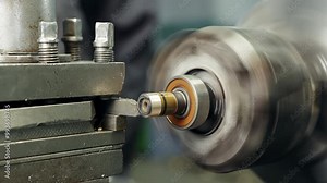 Close-up shot operation of lathe machine cutting metal part edge and the cutting chips