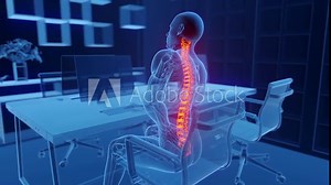 3D medical animation of a man experiencing back pain at work