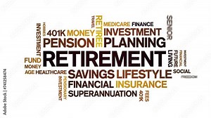 Retirement animated tag word cloud;text design animation kinetic typography seamless loop. Stock Video