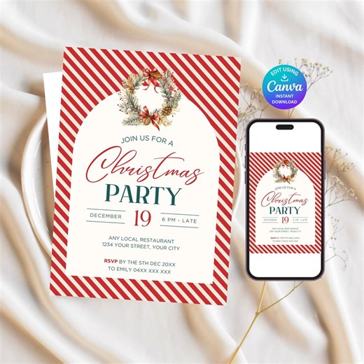 Christmas Party Invitation, Wreath Theme Invite, Modern Holiday, Arch Minimalist Xmas Friendmas, Instant Download Canva Template - C013 - Etsy