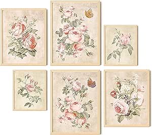 EXCOOL CLUB Vintage Rose Wall Decor - 12x16 Coquette Wall Decor, Rustic Pink Rose Poster, Pink Vintage Bathroom Decor, Retro Roses Pictures, Victorian Floral Paintings for Home Bedroom (UNFRAMED)