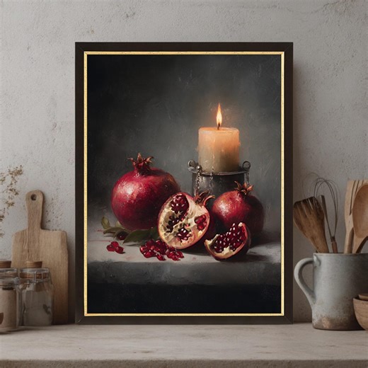 Dark Still Life Pomegranate Wall Art, Moody Rustic Kitchen Canvas Decor - Etsy