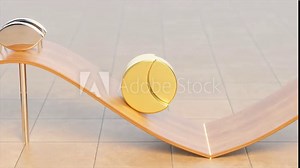 Golden 3D animation of reflective discs gliding along a curved wooden surface in a tiled room.