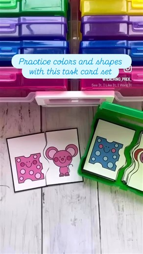 Melanie Price on Instagram: "This set of colors and shapes themed task cards are perfect for preschoolers! The activities are helpful with matching and sorting colors, copying color patterns, tracing and cutting shapes plus more! You get 16 different tasks in all. Comment task and I’ll send you the link. I keep my task box activities in the 4X6 photo boxes you see in the video because they fit perfectly, plus I can keep the coordinating manipulatives with each activity. Pencil pouches or baggies