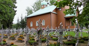 View of Puhtitsa Dormition Convent. Kuremae, Estonia. The Dormition Cathedral ( built in 1910 ) on the left and The Refectory Church of Sts. Symeon and Anne ( built in 1895 )