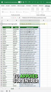 Tu veux envoyer un mail groupé à une liste d’adresses mail ? 👇 Je te montre comment regrouper facilement toutes les adresses mail de ton tableau dans une seule cellule. Pour faire ça, on va utiliser la fonction TABLEAU.EN.TEXTE. Tu n’auras plus qu’à copier coller toutes tes adresses d’un coup dans ta messagerie 😉 👉 Télécharge mon eBook #excel en bio pour d’astuces (10 astuces à découvrir !) #astuceexcel #excel #exceltricks | Dimby Rakotomalala