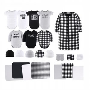 The Peanutshell Newborn Layette Gift Set for Baby Boys and Girls, 23 Essential Pieces, Black & White Plaid, 0-3 Months