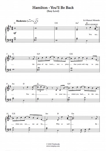 Hamilton - You'll Be Back (Easy Level) (Miranda Lin-Manuel) - Piano Sheet Music