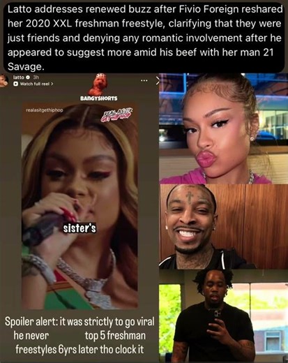 Latto says she and Fivio Foreign were just friends, denying hookup rumors amid drama with 21 Savage