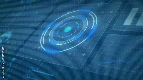 Futuristic digital interface with rotating target animation over binary code background