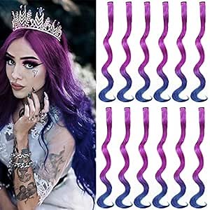 12PCS Colored Clip in Hair Extensions 22'' Colorful Straight Hair Extensions Clip in for Women and Kids Multi-Colors Party Highlights Streak Synthetic Hairpieces (Ombre Purple to Blue)
