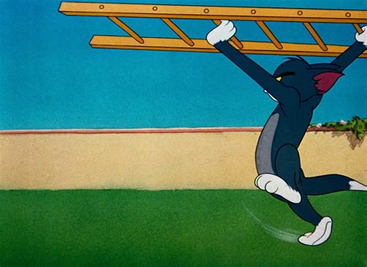 Tom & Jerry on Instagram: "In this final series of clips from "Canary Row," Tom continues his unsuccessful attempts to capture the canary through increasingly elaborate schemes. He tries using a ladder, which the canary sets on fire, leaving Tom scorched and flattened once again. He then attempts to swing from a tree and pole vault into the birdhouse, but both efforts result in him crashing into the ground or a building. In a final, desperate move, Tom is catapulted into a window, only to be cau