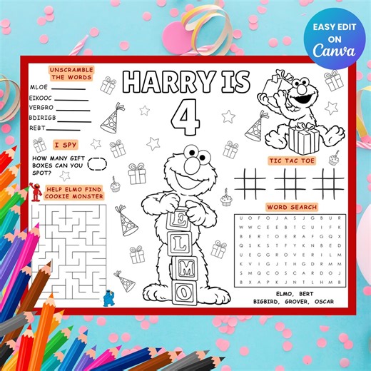 Elmo Placemat Birthday Coloring Pages Sesame Street Activity Sheet Printable Kids Coloring Sheets Elmo Party Favors Sesame Street Worksheets - Etsy