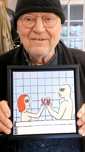 Troels med det originale maleri "Store badedag". 20 x 20 cm. Akryl på lærred. Inkl ramme og forsendelse. 2.900 kr. Send en besked, hvis du er interesseret i at købe det. #troelstrier #troelstrierkunst #kunst #danskkunst #nydanskkunst #danishart #maleri #maleriertilsalg #tryk #artprint #artprints #plakater #plakattryk #serigrafier #litografier #musik #entertainer #multikunstner og nu også #emaljeskilt #emaljeskilte og #tegninger #akvarel og #økologi #permakultur #foredrag | Troels Trier Kunst