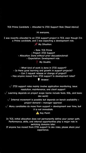 TCS Prime Candidate – Allocated to ITIS Support Role (Need Advice)