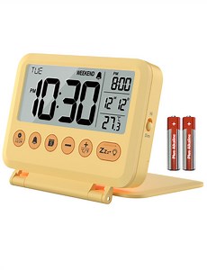 VOCOO Digital Alarm Clock with Date, Temperature, Snooze, Backlight, 12/24H, Folding Desk Clock, Yellow