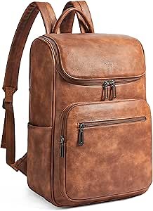Leather Backpack for Women, Fits 17 Inch Laptop in Main Compartment, Dedicated 15.6 Inch Padded Sleeve, Large Vegan Leather Travel Computer Bag with Luggage Strap for Business and Work, Brown