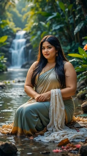 "Beautiful Plus Size Woman in Saree by Waterfall | Tropical Nature | Body Positivity"��