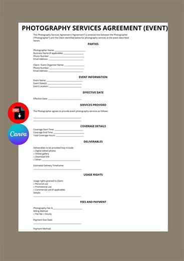 Event Photography Contract Template | Services Agreement (canva PDF) - Etsy