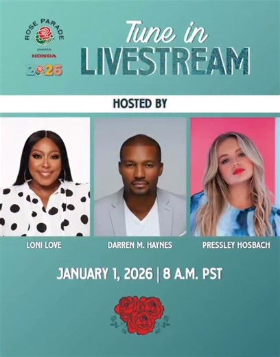 Rose Parade on Instagram: "The 2026 Rose Parade presented by Honda is streaming LIVE across multiple platforms!📺✨ 📅 January 1, 2026 ⏰ 8 a.m. PST Hosted by Loni Love, Darren M. Haynes & Pressley—this two-hour celebration will be carried in its entirety showcasing all 85 units! 📻Tune in on Christmas Plus, Dooya, FanDuel Sports Network, Fubo, GFam+, Great American PureFlix, Pluto TV & Samsung TV Plus! Find out how and where to watch on our website: tournamentofroses.com/where-to-watch/ 🌹🥁🎊 #N