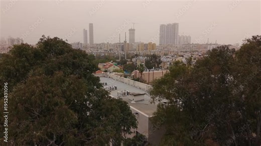 Israel sandstorm over Holon and Bat Yam cities revealed through trees with thick orange dust particles in air.