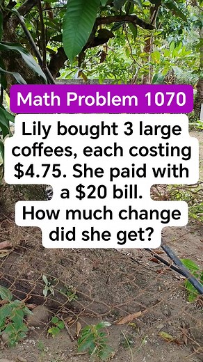 Math Problem 1070 Lily bought 3 large coffees, each costing $4.75. She paid with a $20 bill. How much change did she get #MATHinik #mathematics #coffeetime | Mathinik