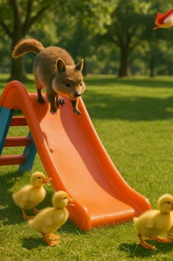Funny ! 🦆🎢 Quokka Joins the Duckling Slide Squad !