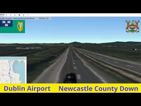 3D driving route simulation using real maps from Dublin Airport to Newcastle in County Down.