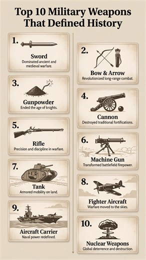 Certain weapons didn’t just win battles they changed the way wars were fought forever and reshaped world history. Here are 10 military weapons that defined entire eras 👇 1️⃣ Sword – Dominated warfare for thousands of years across civilizations 2️⃣ Bow & Arrow – Revolutionized long-range combat 3️⃣ Gunpowder – Ended the age of knights and castles 4️⃣ Cannon – Made fortifications and city walls obsolete 5️⃣ Rifle – Brought accuracy and discipline to modern armies 6️⃣ Machine Gun – Changed warfare