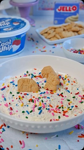 Make any ordinary day feel like a celebration with this super easy animal cracker dip 🎊 Don’t forget to tap the save button for you can enjoy this recipe later 📩 Ingredients: 1/2 Box of 3.4oz JELL-O Cheesecake Pudding 8oz Cool Whip Rainbow Sprinkles Animal Cookies or Crackers How To Make It: 1. Mix together Cool Whip, JELL-O Cheesecake Pudding, and sprinkles 2. Top with more sprinkles and animal cookies. Enjoy! | JELL-O