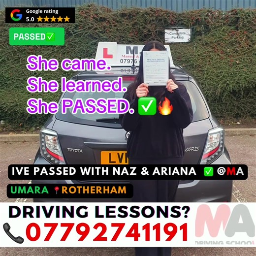 She came. She learned. She PASSED. ✅🔥 She came. She learned. She PASSED. ✅🔥 Big congrats to Umara on smashing her test in Rotherham 💪 Another success story with MA Driving School 🚗 #PassWithMA #DrivingTok #UKDrivingTest #RotherhamLearners #AutomaticInstructor