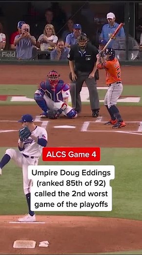 Umpire Doug Eddings (ranked 86th of 92) missed 18 calls in ALCS game 4. This was the 2nd worst performance of the playoffs. The worst also belongs to Eddings. #Astros #Rangers #ALCS #mlb #baseball #umpire