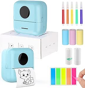 Mini Sticker Printer Inkless Thermal Sticker Maker Machine, Bluetooth Mini Pocket Printer with 5 Thermal Paper for Photo Journal Notes Study Home Office, Blue