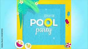 pool, party, summer, background, invitation, water, Pool party invitation animation 4K. Top view of swimming pool background with tropical palm leaves , pool floats, tropical fruits , water ripple